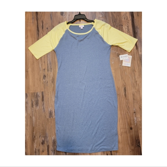Yellow & Grey Raglan Style Lularoe Julia Form Fitting Midi Dress Size M - Picture 1 of 9